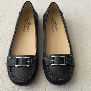 Hush Puppies Black Genuine Leather Slip-On Moccasins with Buckle Accent